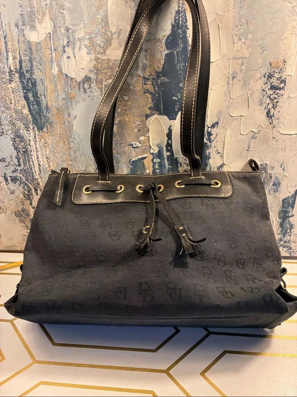 Vintage Dooney & Bourke Black  Designer Monogram Tote Bag - Satchel